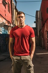 Naklejka na ściany i meble Man in a red T-shirt against the background of the city