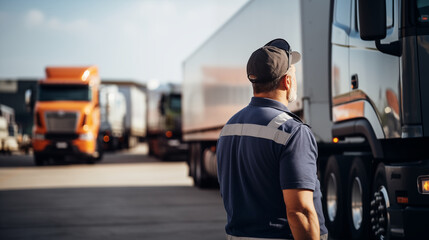 A truck driver inspecting the cargo in the trailer, Truck driver, blurred background, with copy space