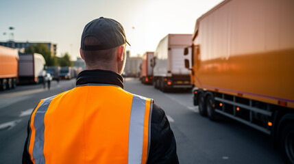 A truck driver doing a pre-trip inspection of his vehicle, Truck driver, blurred background, with copy space