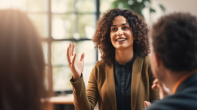 A Diversity and Inclusion Manager using sign language during an inclusivity training, Diversity and inclusion manager, blurred background, with copy space