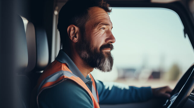 A focused truck driver looking at the road ahead, Truck driver, blurred background, with copy space
