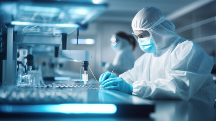 A Molecular Technologist using advanced diagnostic equipment, Molecular Technologist, blurred background, with copy space - obrazy, fototapety, plakaty
