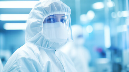 A Molecular Technologist in a cleanroom suit working in a sterile lab environment, Molecular Technologist, blurred background, with copy space