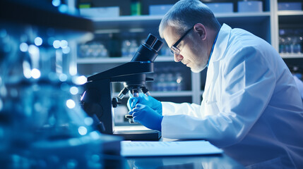 A Molecular Technologist examining cell cultures under a microscope, Molecular Technologist, blurred background, with copy space