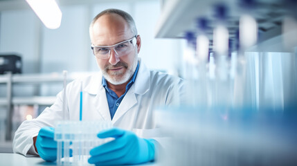 A Molecular Technologist inspecting a series of test tubes, Molecular Technologist, blurred background, with copy space