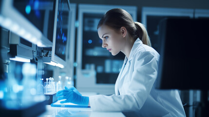 A Molecular Technologist preparing a presentation on genetic findings, Molecular Technologist, blurred background, with copy space