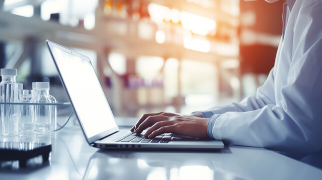 A Molecular Technologist conducting research on a laptop in a lab, Molecular Technologist, blurred background, with copy space