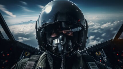 Fototapeta premium Fighter Pilot in flight wearing flying helmet, dark visor and oxygen mask