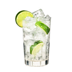 A Gin and Tonic Drink in a Highball Glass Garnished With a Lime Wedge- Isolated on a Transparent Background. Cutout PNG.