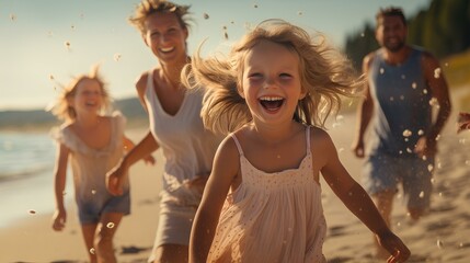 a family laughing exuberantly. A beautiful summer baltic beach in the background. sand is glowing golden. sunny summer day. diffuse sunlight. generative AI - obrazy, fototapety, plakaty