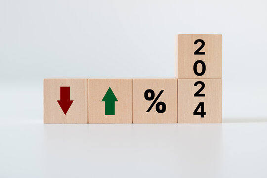2024 Business performance concept. Percent, up or down arrow symbol icon. Economic and financial analysis, rising and falling trend. Interest rate, stocks, financial, ranking, mortgage and loan rates.