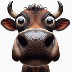 Closeup Funny Portrait of surprised bull with Huge Eyes on solid white background, wide angle shot. ai generative