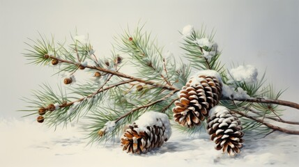 Snowy spruce branch with fir cones