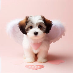 Cute dog with white feather cupid wings. Valentine's day banner with copy space. ai generative