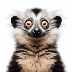 Closeup Funny Portrait of surprised lemur with Huge Eyes, wide angle shot. ai generative