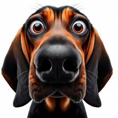 Closeup Funny Portrait of surprised Bloodhound Dog with Huge Eyes, wide angle shot. ai generative - obrazy, fototapety, plakaty