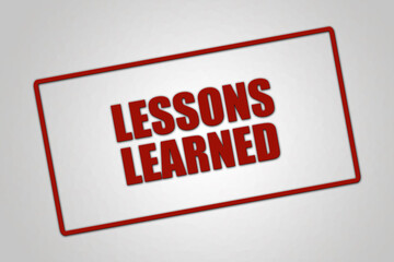 Lessons Learned. A red stamp illustration isolated on light grey background.