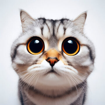 Closeup Funny Portrait of surprised cat with Huge Eyes on solid white background, wide angle shot. ai generative