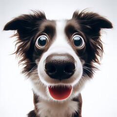 Closeup Funny Portrait of surprised dog border collie with Huge Eyes on white background, wide angle shot. ai generative