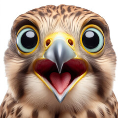 Closeup Funny Portrait of surprised falcon with Huge Eyes on solid white background, wide angle shot. ai generative