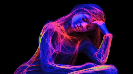 Sihouette of a woman portrait with lines and neon effects on black background