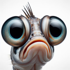 Closeup Funny Portrait of surprised fish with Huge Eyes on solid white background, wide angle shot. ai generative