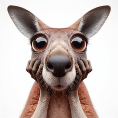 Closeup Funny Portrait of surprised kangaroo with Huge Eyes on solid white background, wide angle shot. ai generative