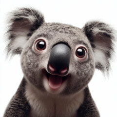 Obraz premium Closeup Funny Portrait of surprised Koala with Huge Eyes on solid white background, wide angle shot. ai generative