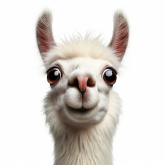 Closeup Funny Portrait of surprised llama with Huge Eyes on solid white background, wide angle shot. ai generative