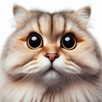 Closeup Funny Portrait of surprised persa cat with Huge Eyes on solid white background, wide angle shot. ai generative