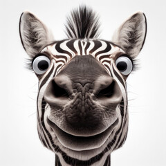 Closeup Funny Portrait of surprised zebra with Huge Eyes on solid white background, wide angle shot. ai generative