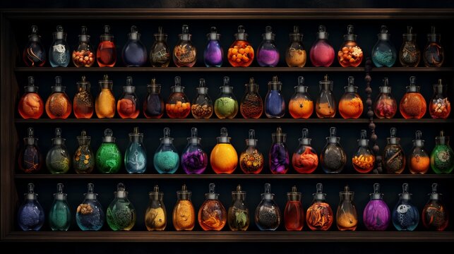 An overhead view of a shelf packed with Halloween-themed potion bottles