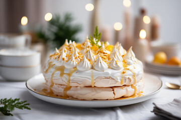 Orange Pavlova Cake topped with citrus sauce, zest and mini meringues crown on a tray. Horizontal, side view. Festive atmosphere. - obrazy, fototapety, plakaty