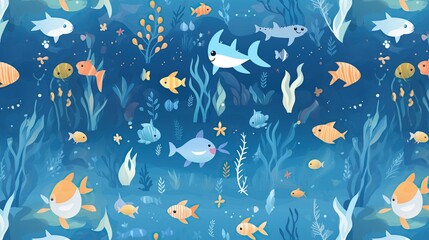 Obraz na płótnie Canvas Fundo infantil, lindo papel de parede de oceano, mar e peixinhos para bebês e crianças.