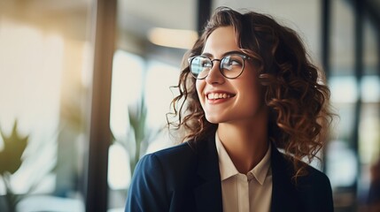 Young happy cheerful professional business woman, happy laughing female office worker wearing glasses looking away, copy space, 16:9 - obrazy, fototapety, plakaty