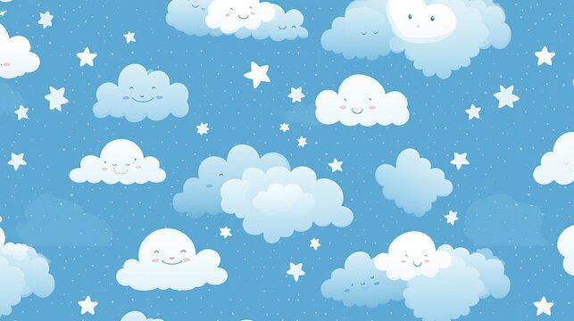 Fundo infantil, lindo papel de parede de c&eacute;u, nuvens e estrelas para beb&ecirc;s e crian&ccedil;as.