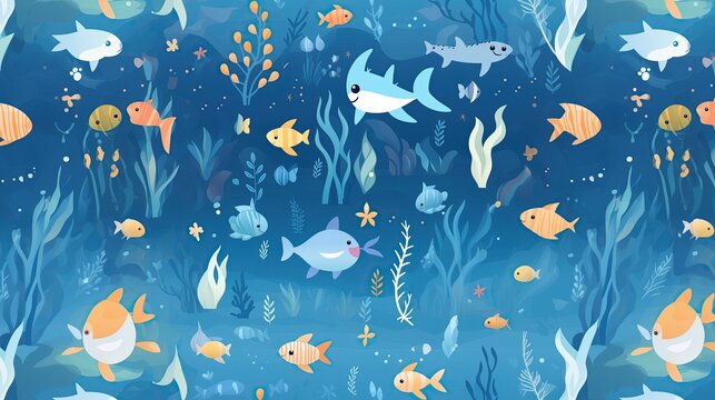 Fundo infantil, lindo papel de parede de oceano, mar e peixinhos para beb&ecirc;s e crian&ccedil;as.