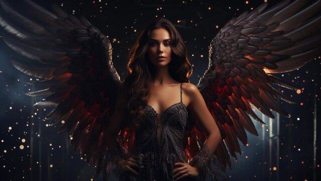 Beautiful woman dark angel with dark wings. Magical animated environment