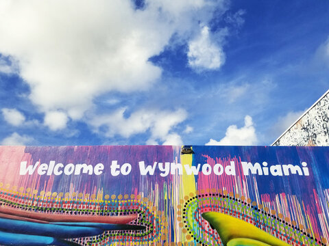 Miami, FL - USA - 12-01-2023:  Welcome to Wynwood Miami mural by artist Luis Valle in the Wynwood art district