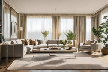 Fototapeta premium A tranquil living room in shades of beige and gray with plush furnishings