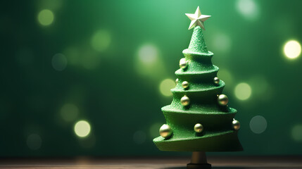 Generative AI image of green Christmas tree decorated with bright balls and star placed on table against glowing green background