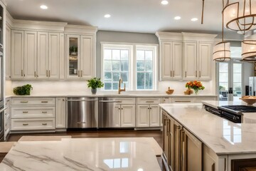 Fototapeta na wymiar A sophisticated kitchen with cream-colored cabinets, marble countertops, and natural light