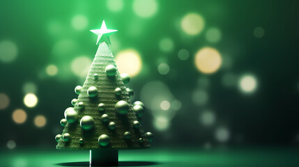 Generative AI image of green Christmas tree decorated with bright balls and star placed on table against glowing green background