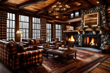 A classic mountain lodge interior with plaid upholstery and fur accents