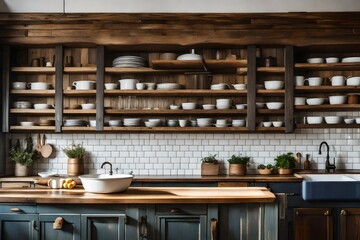 A rustic kitchen with open shelving, vintage ceramics, and a farmhouse sink