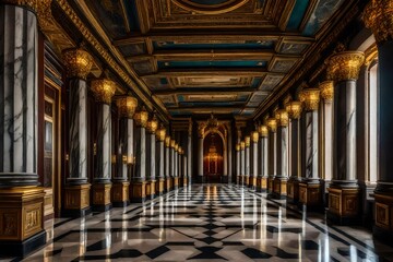 Fototapeta na wymiar A palatial corridor with marble columns, opulent sconces, and majestic oil paintings