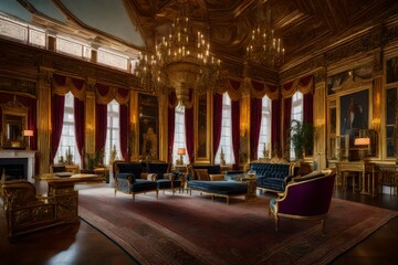 An opulent drawing room adorned with ornate gilded furnishings, lavish tapestries, and intricate moldings