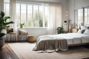 A tranquil bedroom with a gentle palette of neutral colors, a comfortable bed, and natural light
