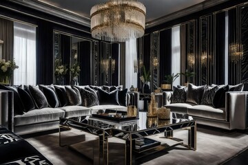 A glamorous living room with bold black and white patterns, mirrored furnishings, and lavish velvet upholstery
