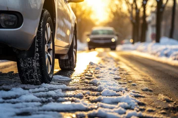 Fotobehang Close-up side view of car automobile wheels with winter tires on a snowy frost slippery road with sun light. Person in front. Concept of driving and driving safety. Winter travel. © Valeriia